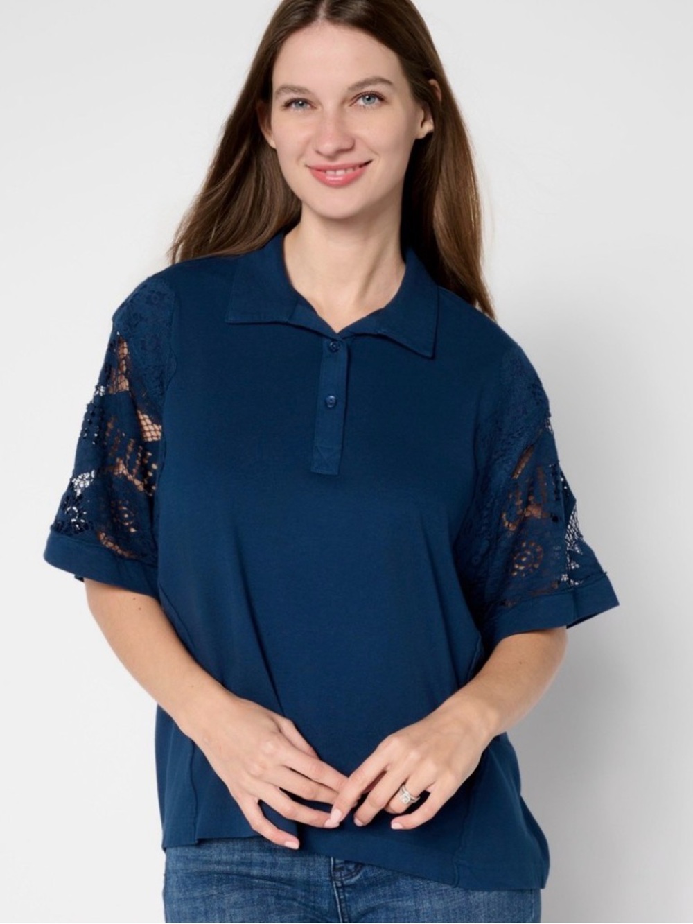 LOGO by Lori Goldstein Navy Lace-Sleeve Button Down Top